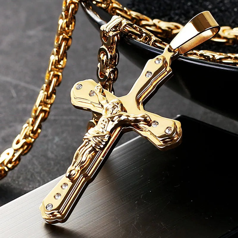 Stainless Steel Crystal Jesus Cross Pendant Necklace with Byzantine Chain