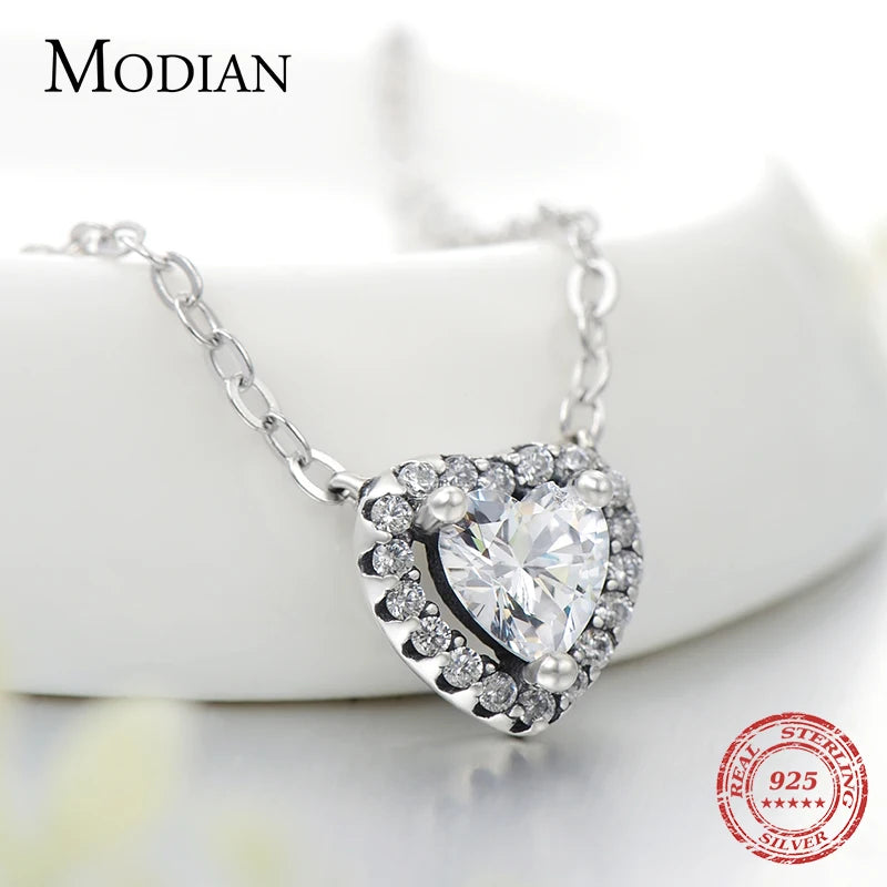 Modian 925 Silver Heart Earrings and Necklace Set