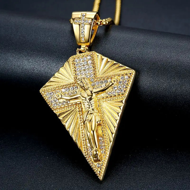 Men's Necklace Big Jesus Cross Pendant & Chain Mens Gold Color Stainless Steel Crucifix Necklaces Man Iced Out Bling Jewelry