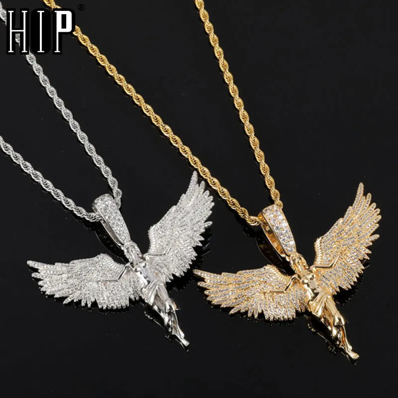 Hip Hop Iced Out Cubic Zirconia Angel Wings Necklace