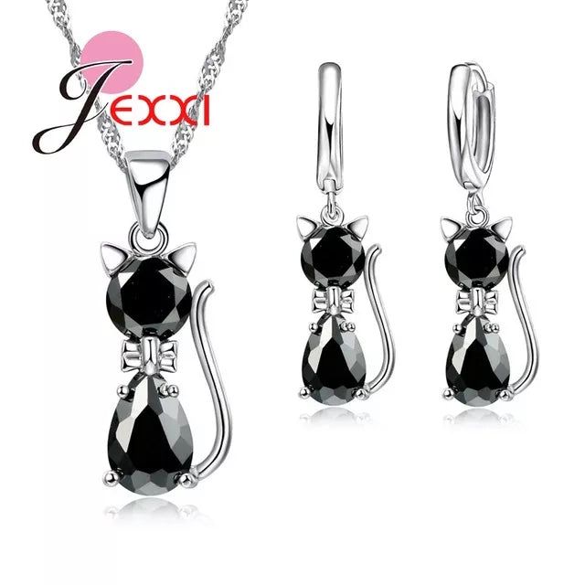 925 Sterling Silver Cat Necklace and Hoop Earrings with Cubic Zirconia