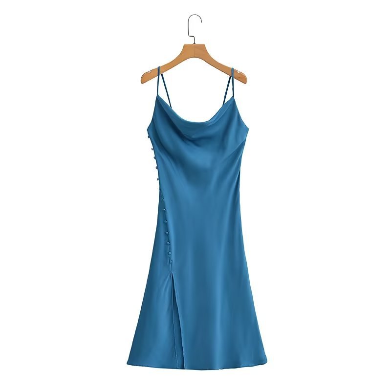 French Backless Fastener Decoration Satin Texture Sling Dress