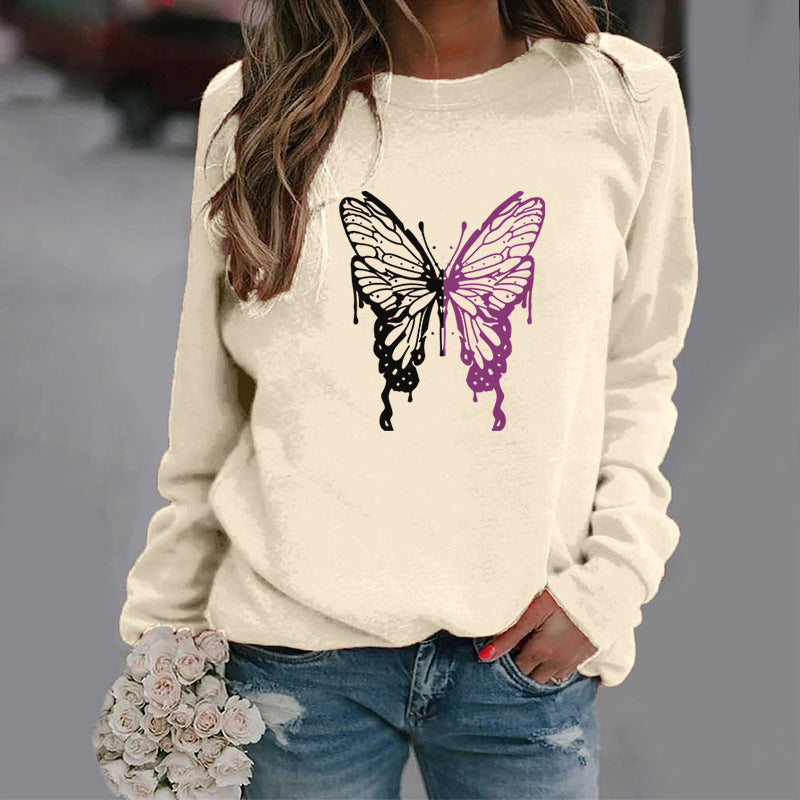 Fashion Colorized Butterfly Round Neck Sweater Printed Sports Top