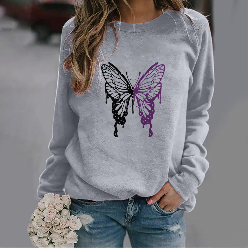 Fashion Colorized Butterfly Round Neck Sweater Printed Sports Top