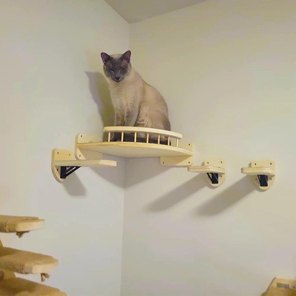 Wooden Wall Mounted Cat Climbing Shelves Set Corner Observation Tower with 2 or 3 Jumping Small Platform for Kitten Rest