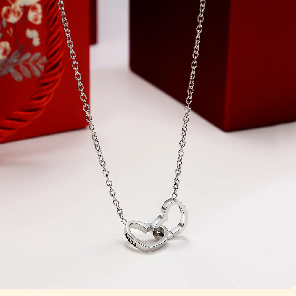 ETHSHINE Double Heart Custom Name Necklace, Stainless Steel