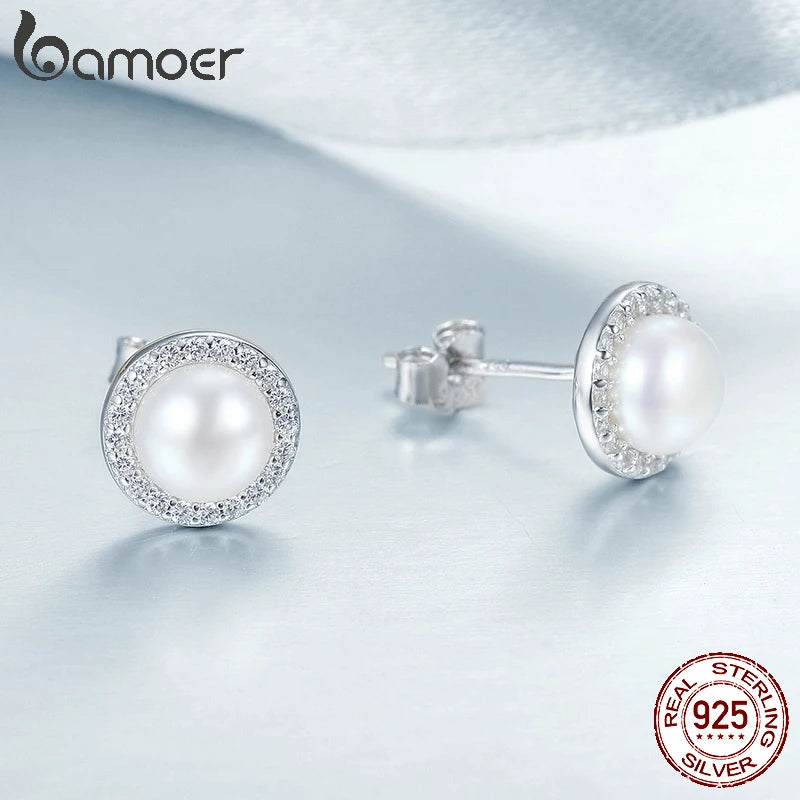 Bamoer 925 Silver Freshwater Pearl Stud Earrings with CZ