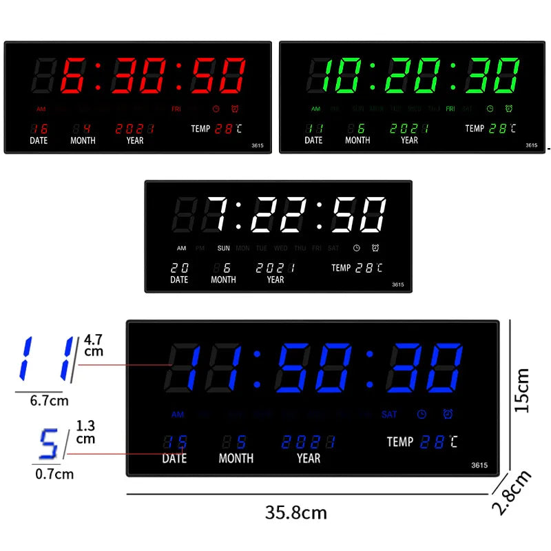 36*15*2.8CM Digital Wall Clock 4 Alarms Hourly Chiming Temperature Calendar Table Clocks with Plug Electronic Luminous LED Clock