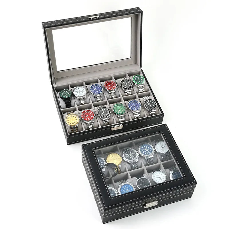 Gray Watch Case with Glass Lid, Removable Pillows, Organizer