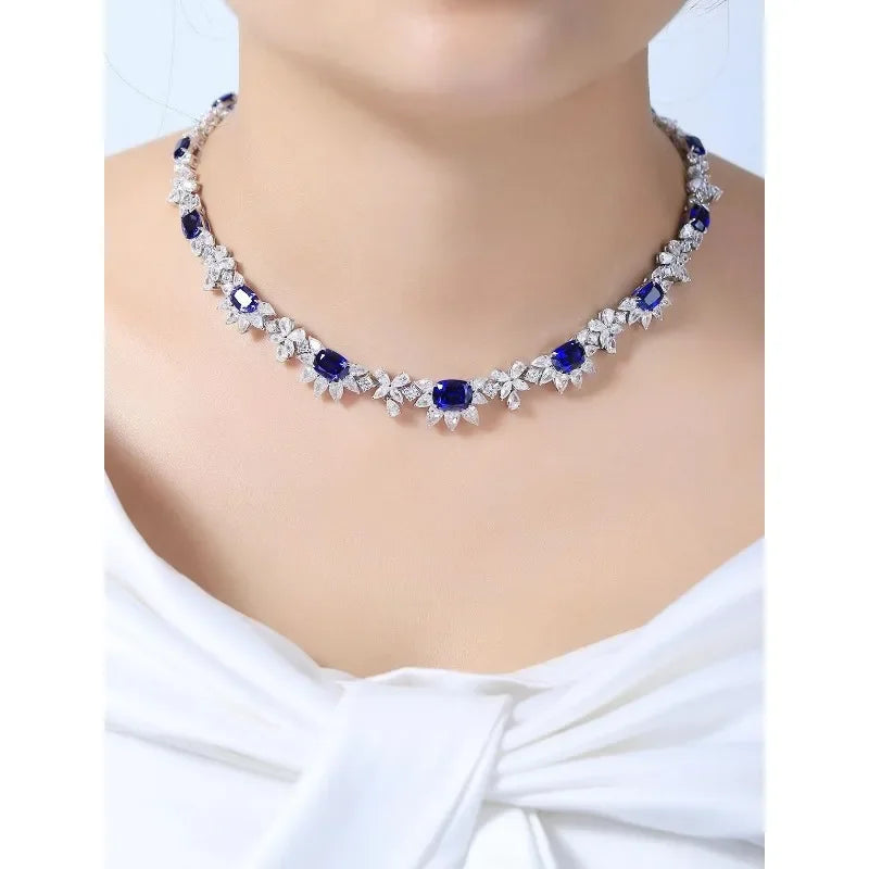 Ruihe New Luxury 925 Silver Necklace Women Total 28.49ct Lab Grown Sapphire Gems Simulated Diamond Zirconia Jewelry Gift Wedding