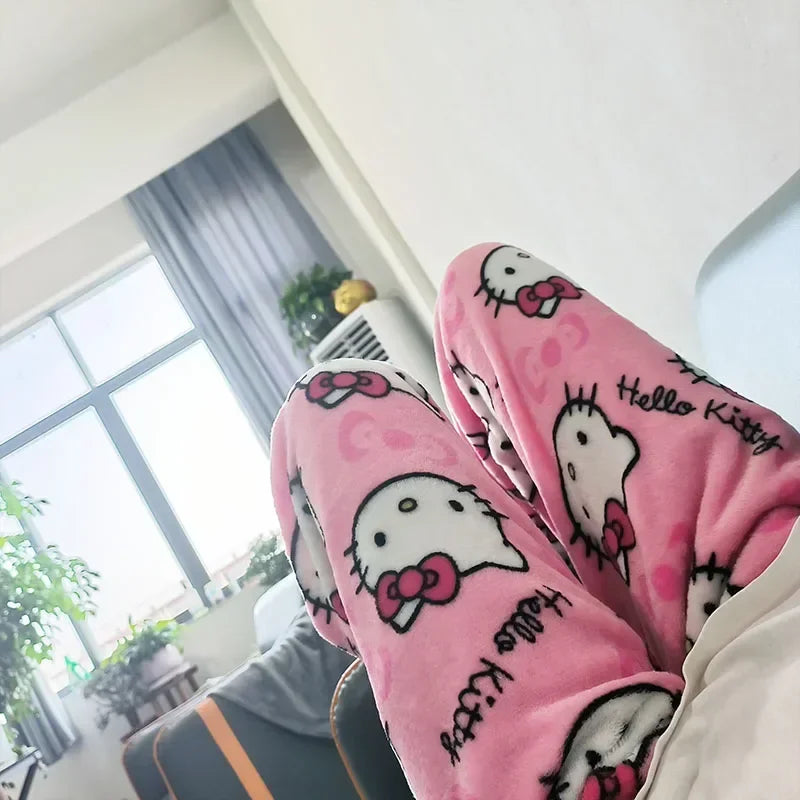 New Sanrio Anime Cartoon Hello Kitty Coral Fleece Pajama Pants Soft Trousers Women Casual Home Trousers Kawaii Birthday Gift