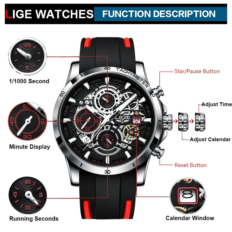 LIGE Men's Silicone Strap Sport Chronograph Watch - LG8977