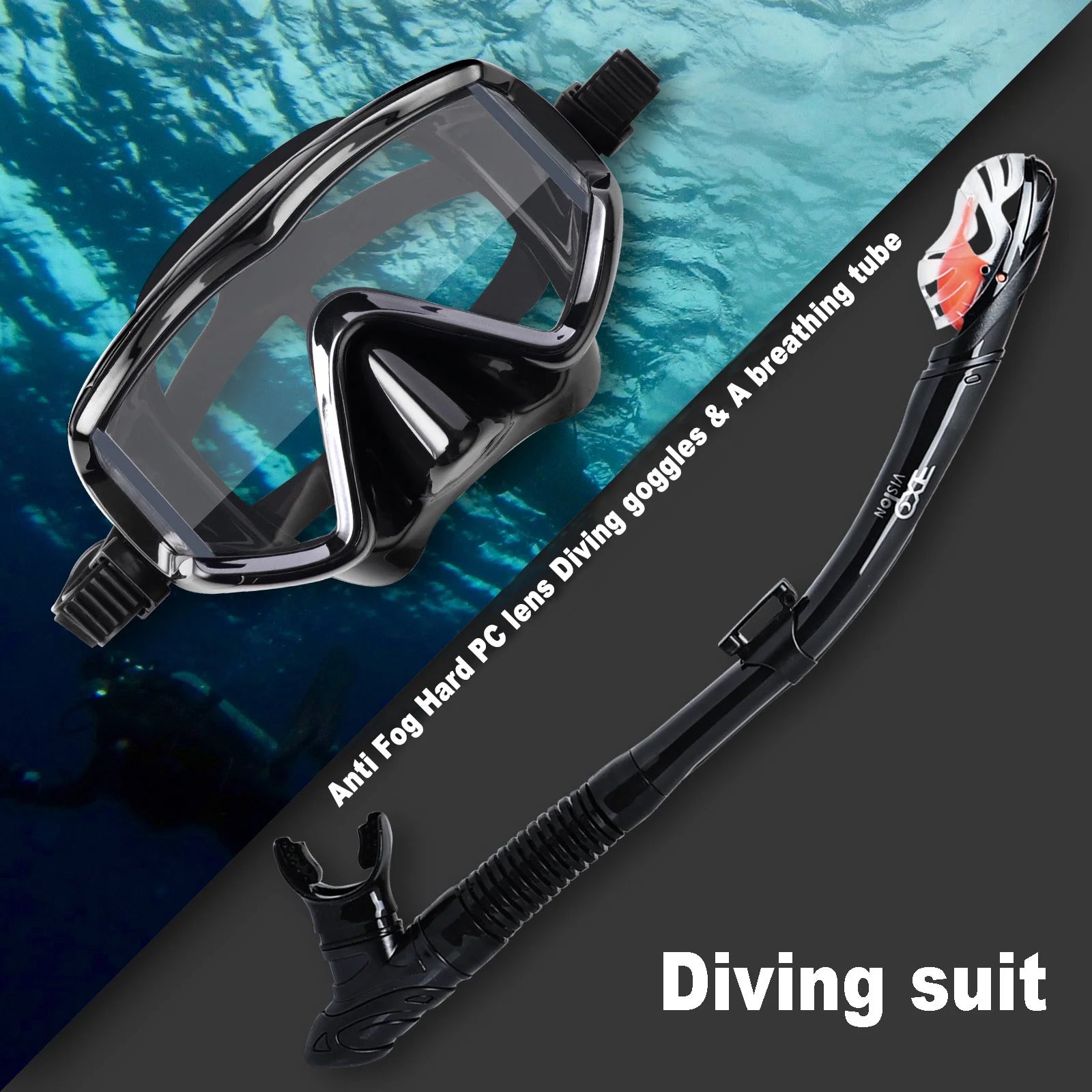 Dry Snorkel Set, Pano 3 Window Snorkel Mask, Anti-Fog Scuba Diving Goggle and Snorkel, Adult Snorkeling Swim Mask with  PC  Lens
