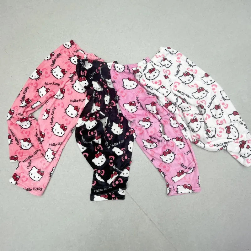 Cute Sanrio Cartoon Pajamas Anime Hello Kitty Pants Multicolour Flannel Women Casual Home Fashion Trousers Girl Clothes Gift