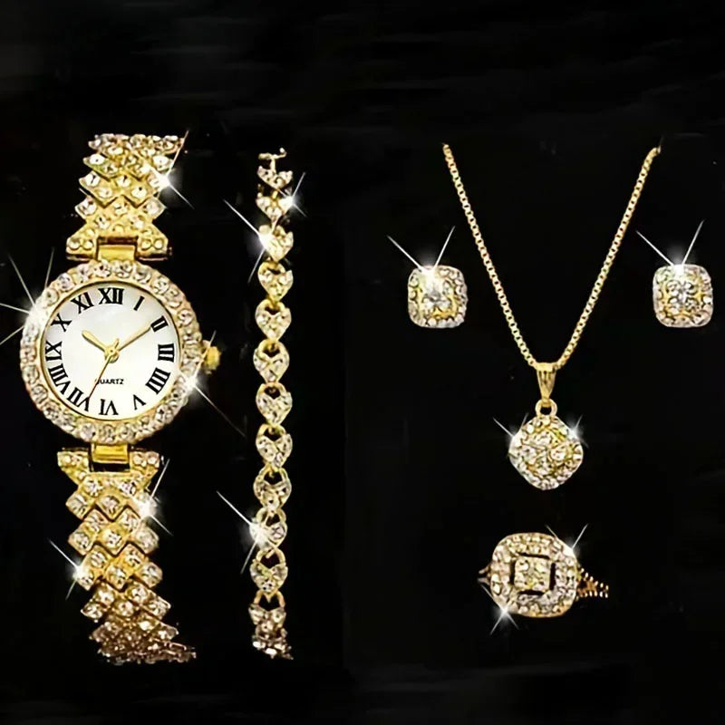 Fashion Luxury Crystal Watch and Jewelry Set for Women, 5 Pcs