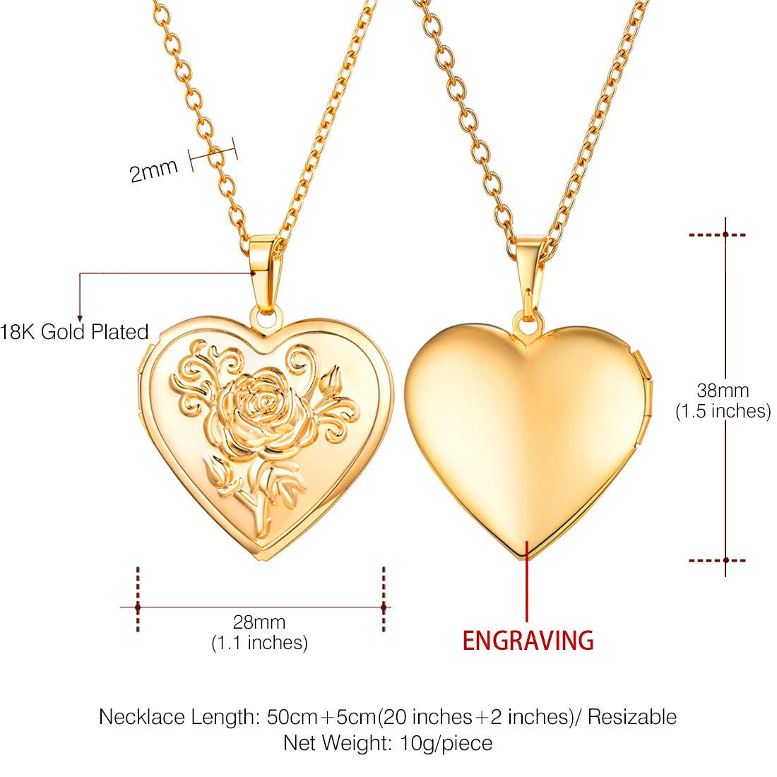 U7 Openable Heart Locket Necklace with Rose Embossed Pendant