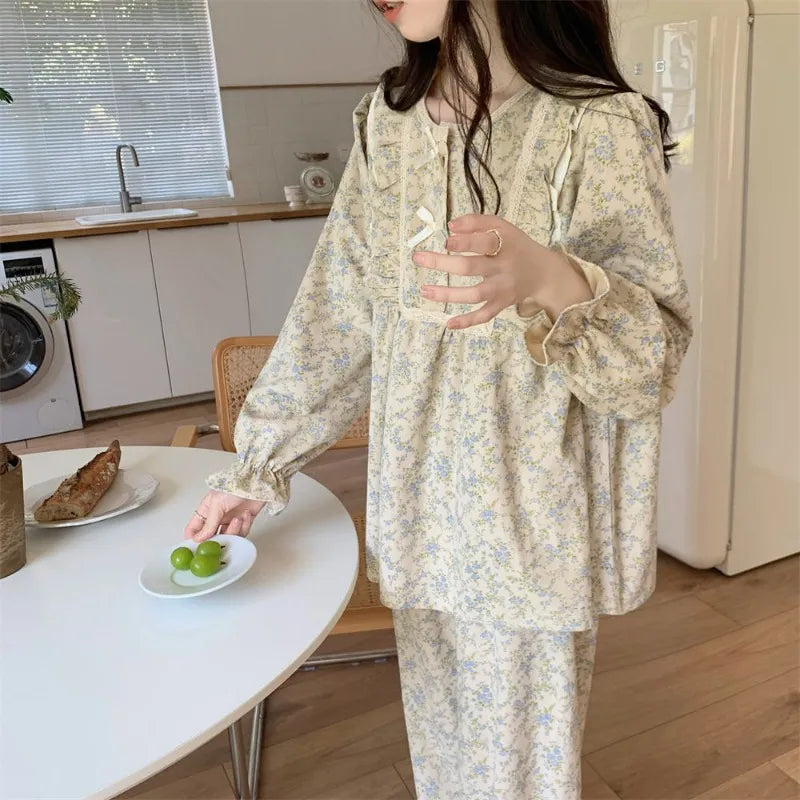 Lace Women Pajamas Set for Home Floral Vintage Sleepwear Long Sleeve Pants Suit 2 Pieces Autumn Ruffle Korean O-neck Night Wears