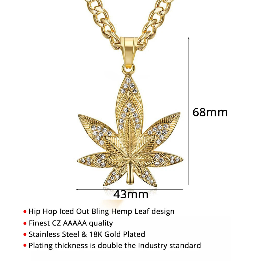 European Gold Stainless Steel Hemp Leaf Pendant Necklace for Men