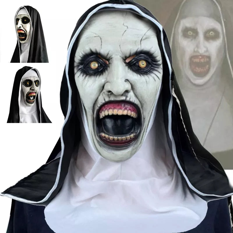 The Horror Scary Nun Latex Mask W/Headscarf Valak Cosplay for Halloween Costume Face Masques with Headpiece