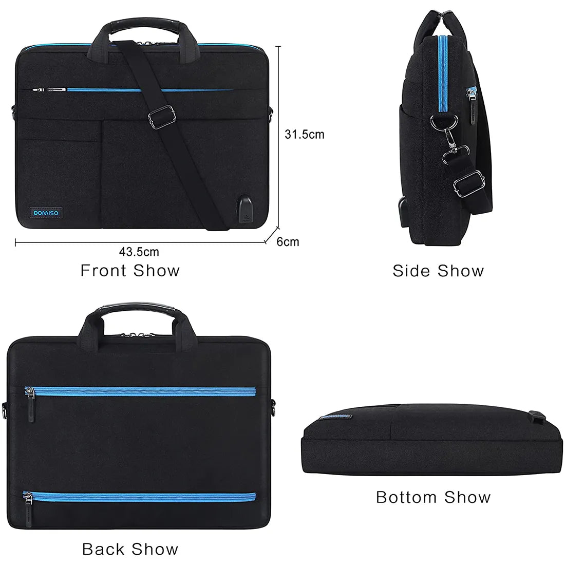 DOMISO 14",156",17" Inch Thickened Multi-Functional Laptop Sleeve Briefcase Messenger Bag with USB Charging Port