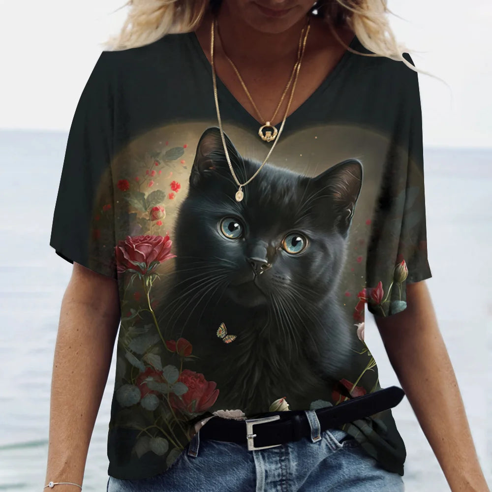 Kawaii Cat Print 3D Women's T-shirt Top Girls Y2k Clothing Summer Short Sleeve Tees V-neck T Shirt Casual Holiday Female Tshirts