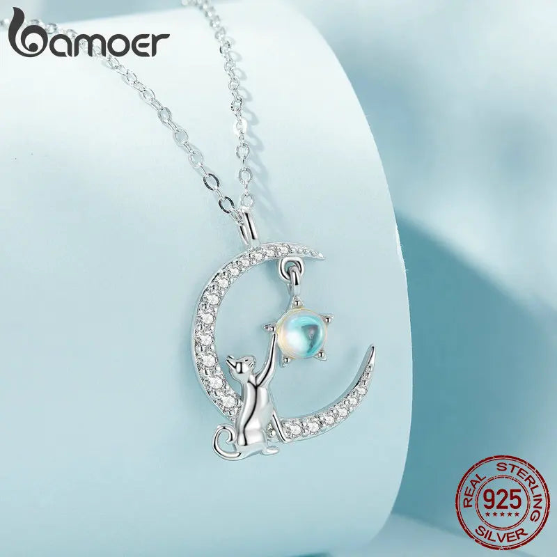 BAMOER 925 Silver Cat Moon Pendant Necklace