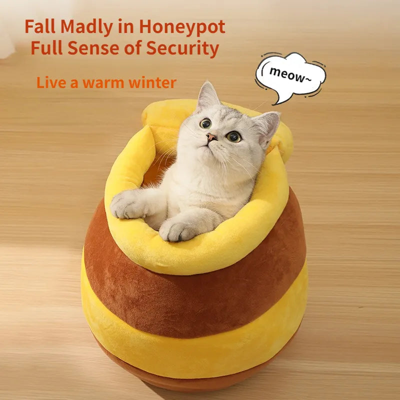 Four Seasons Plush Cat Bed House: Honey Jar-Shaped Basket for Small Cats