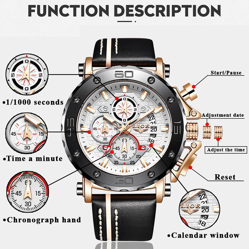 LIGE Men's Watches: Sport Leather Watch with Date, Waterproof Quartz Chronograph