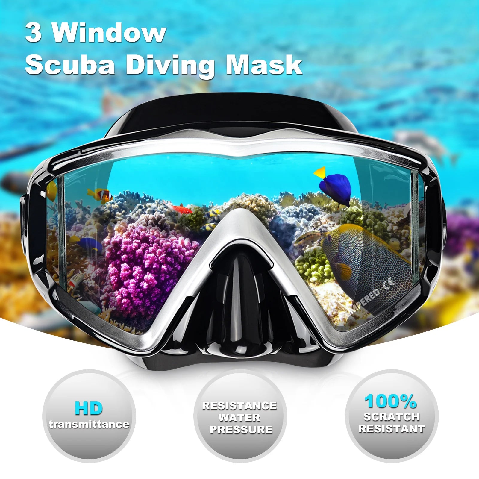 Adult Pano 3 Window Tempered Glasses Diving Mask Set, Dry Top Snorkel Mask No Leakage Diving Mask for Snorkeling