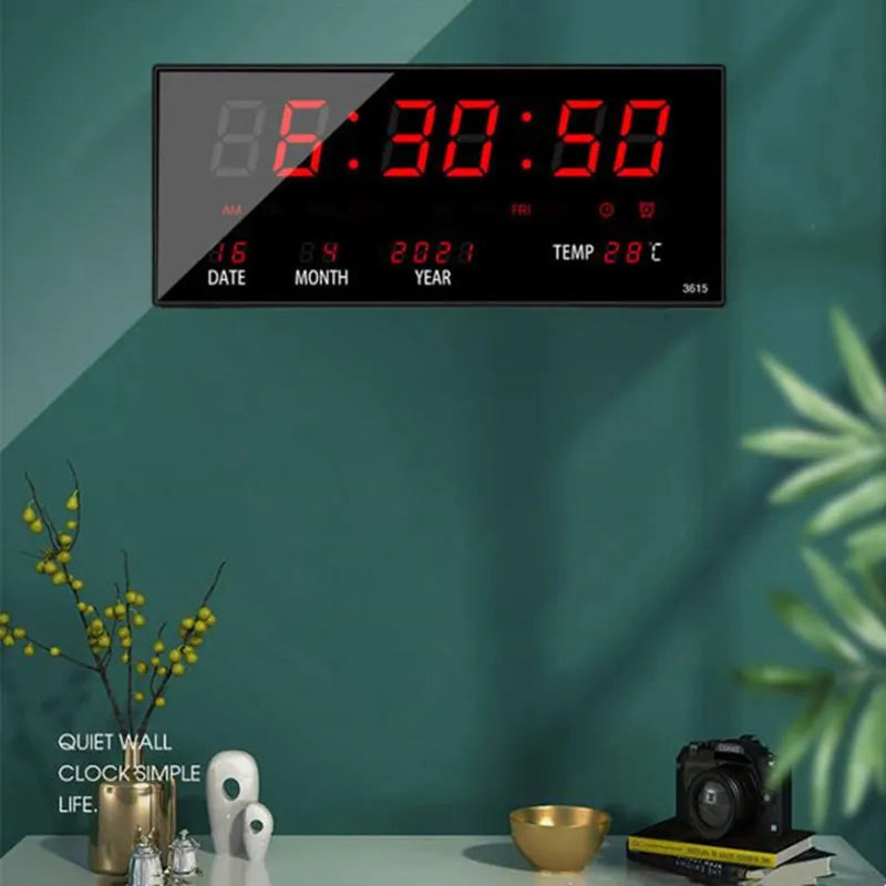 36*15*2.8CM Digital Wall Clock 4 Alarms Hourly Chiming Temperature Calendar Table Clocks with Plug Electronic Luminous LED Clock