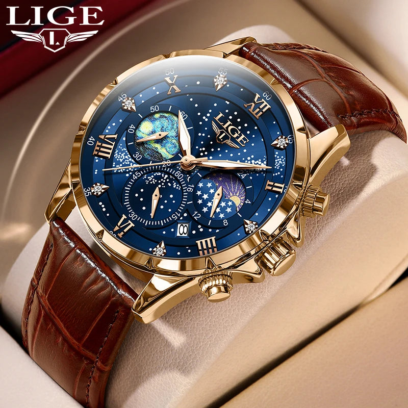 LIGE Men's Luxury Sport Watch - Waterproof, Luminous, Quartz, Leather