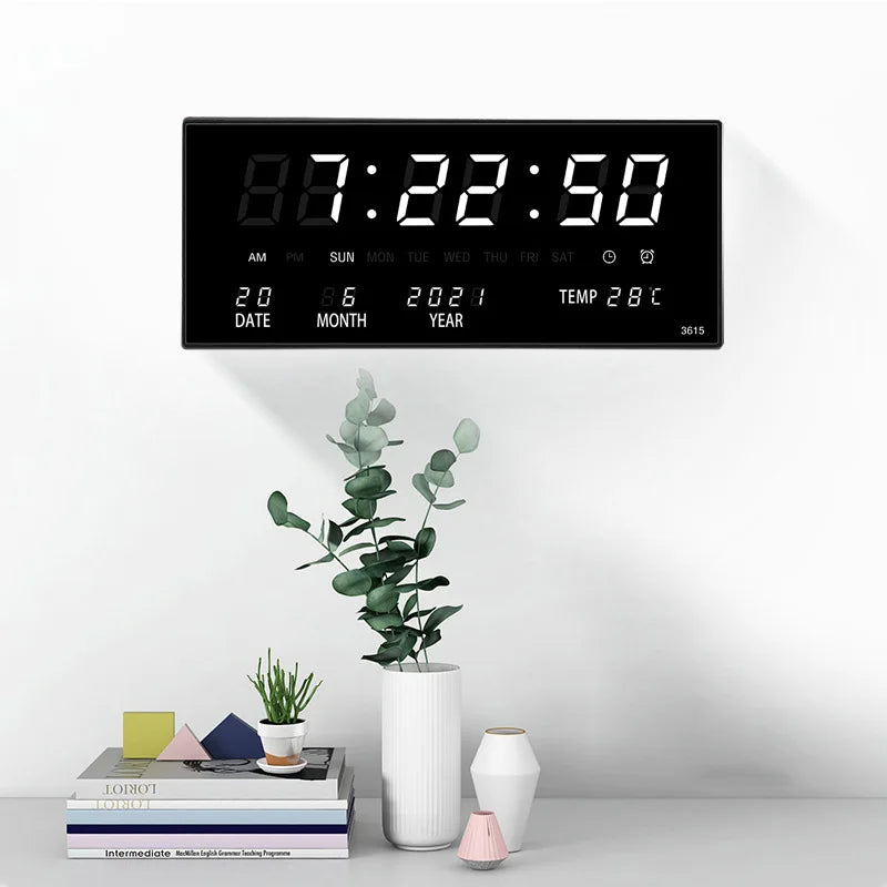 36*15*2.8CM Digital Wall Clock 4 Alarms Hourly Chiming Temperature Calendar Table Clocks with Plug Electronic Luminous LED Clock