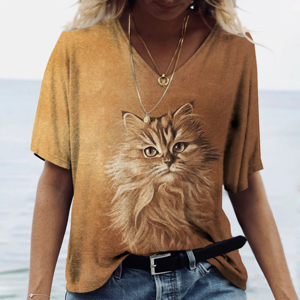 Kawaii Cat Print 3D Women's T-shirt Top Girls Y2k Clothing Summer Short Sleeve Tees V-neck T Shirt Casual Holiday Female Tshirts