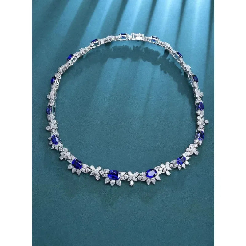 Ruihe New Luxury 925 Silver Necklace Women Total 28.49ct Lab Grown Sapphire Gems Simulated Diamond Zirconia Jewelry Gift Wedding