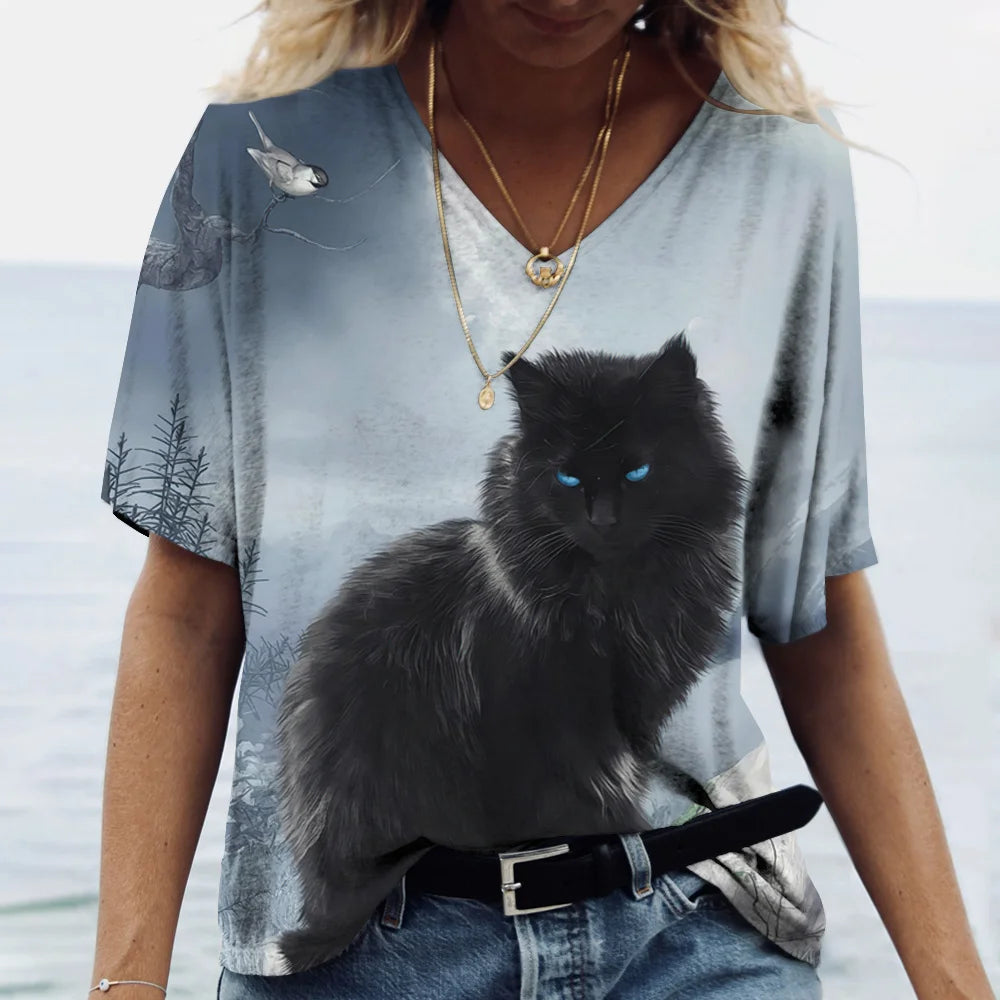 Kawaii Cat Print 3D Women's T-shirt Top Girls Y2k Clothing Summer Short Sleeve Tees V-neck T Shirt Casual Holiday Female Tshirts