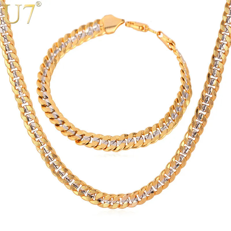 U7 Gold Cuban Link Bracelet and Necklace Set for Men