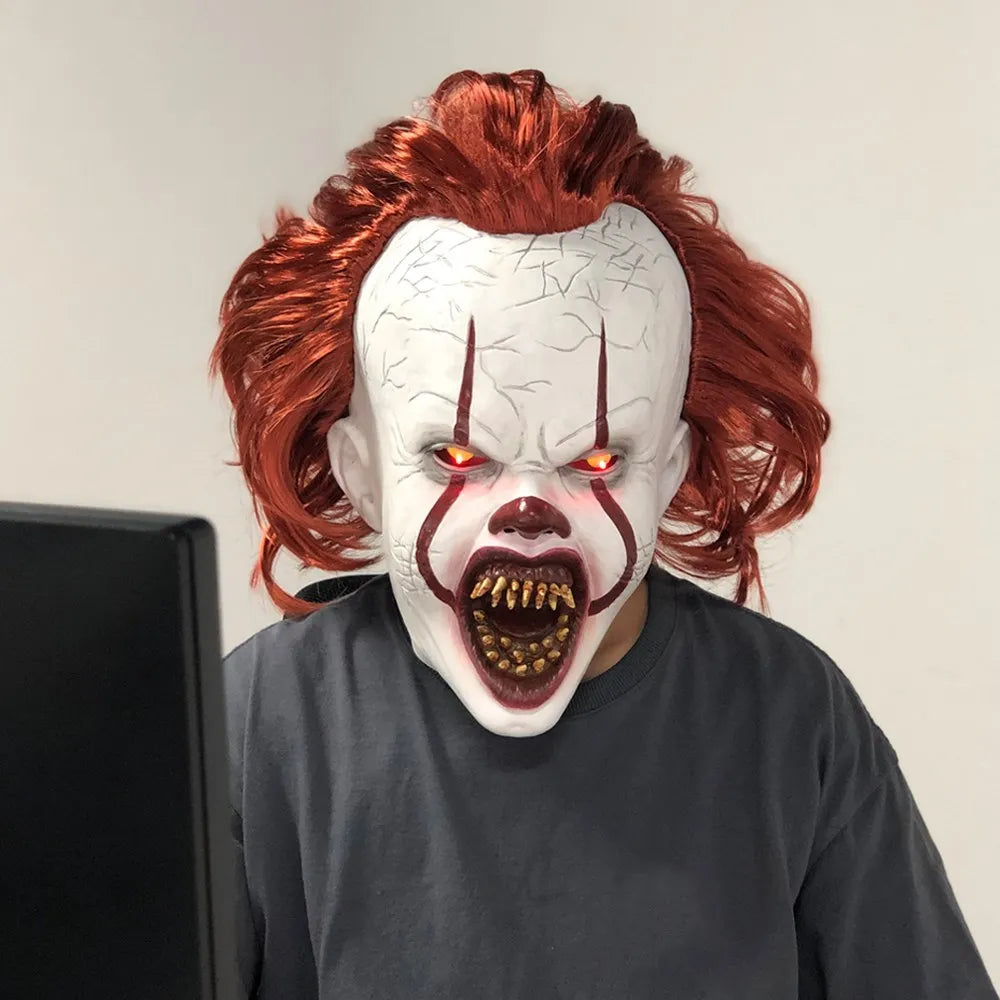 Horror Pennywise Stephen King Mask Cosplay Scary Red Hair Clown Killer Masks LED Latex Helmet Halloween Carnival Costume Prop