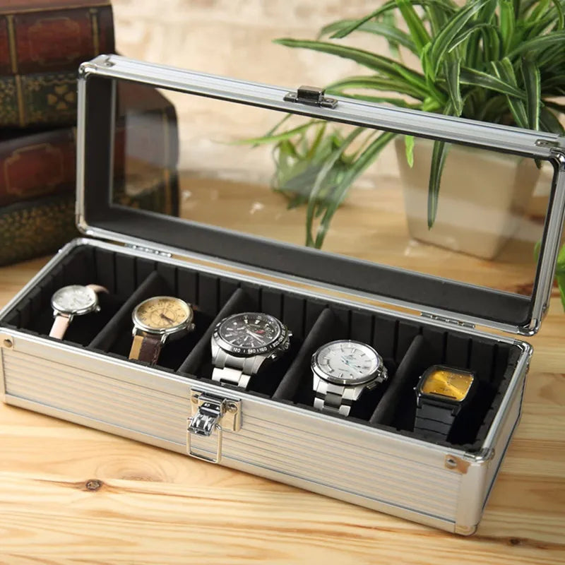 Black Aluminum Alloy Watch Box with Transparent Lid and Pillow Display