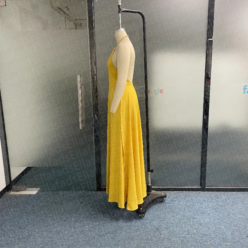 Yellow Halter Neck Maxi Dress with Chain Detail