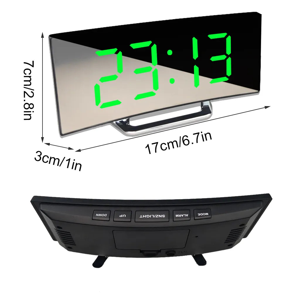 Led Alarm Clock Digital Children Electronic Alarm Clocks Curved Screen Mirror Temperature Clock with Snooze Function Desk Clock