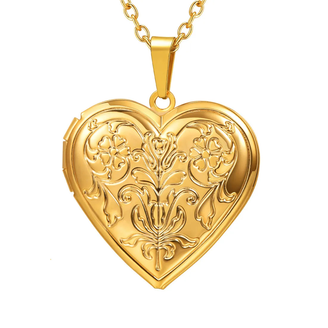 U7 Openable Heart Locket Necklace with Rose Embossed Pendant