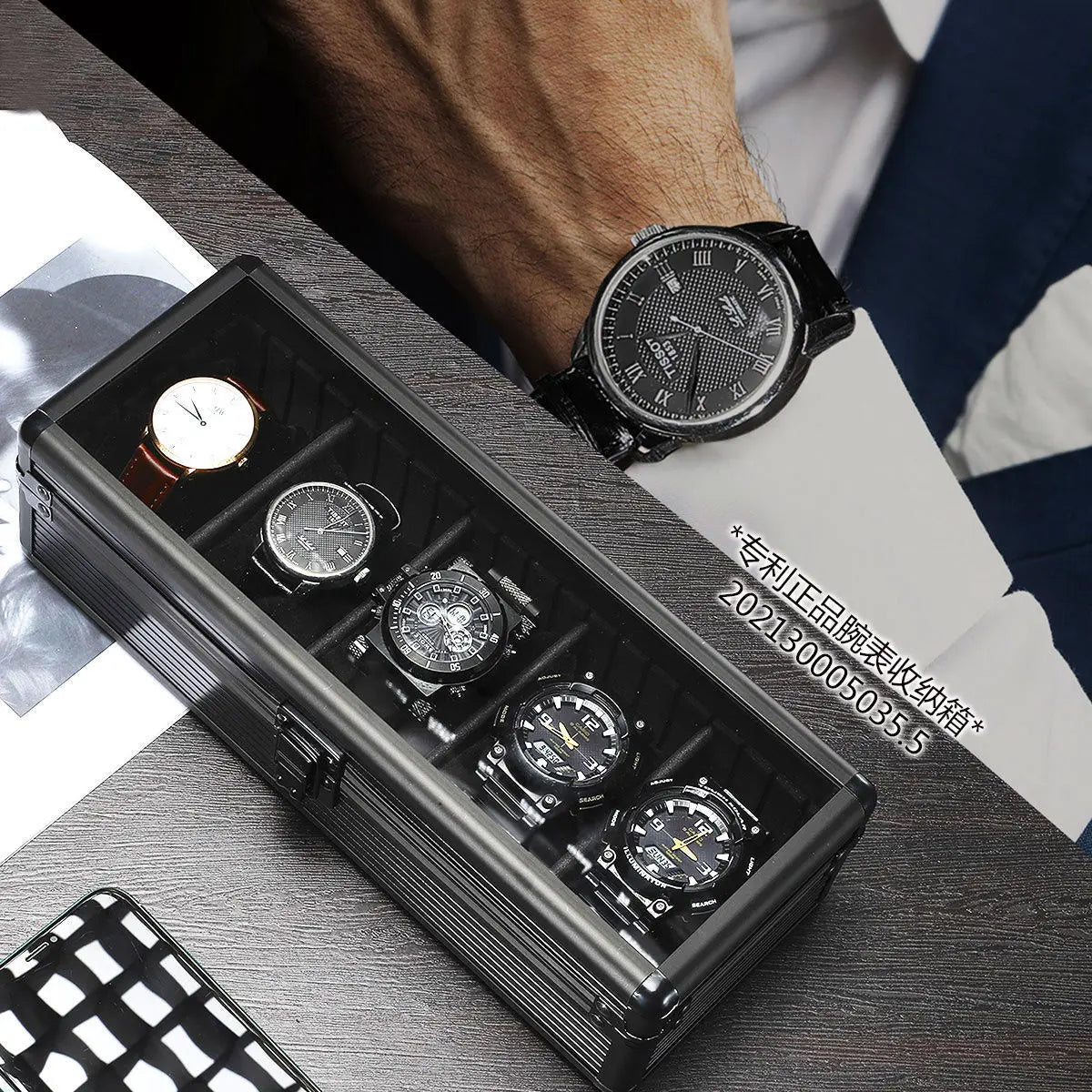Black Aluminum Alloy Watch Box with Transparent Lid and Pillow Display