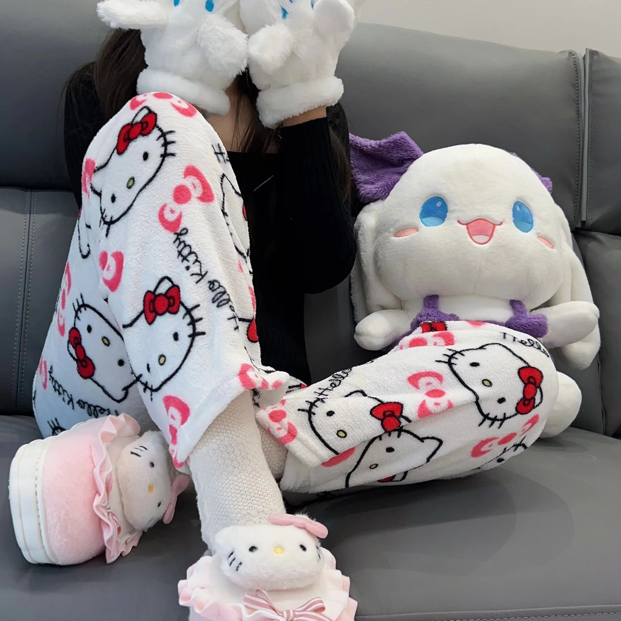 Cute Sanrio Cartoon Pajamas Anime Hello Kitty Pants Multicolour Flannel Women Casual Home Fashion Trousers Girl Clothes Gift