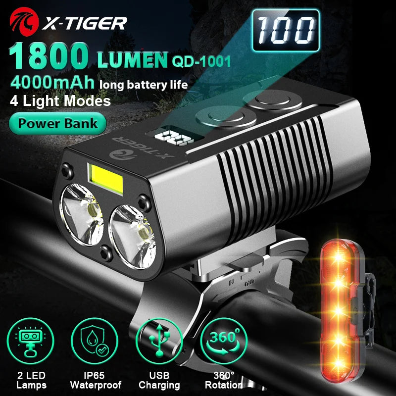 X-Tiger Bike Light Headlight Bicycle Lamp With Power Bank Rechargeable LED 5200mAh MTB Bicycle Light Flashlight Bike Accessories