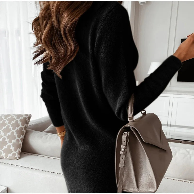 Women's Spring Metal Chain Patchwork Dress New Winter Solid Simple Casual Long Sleeve V-Neck Slim Female Dresses Ladies Clothes