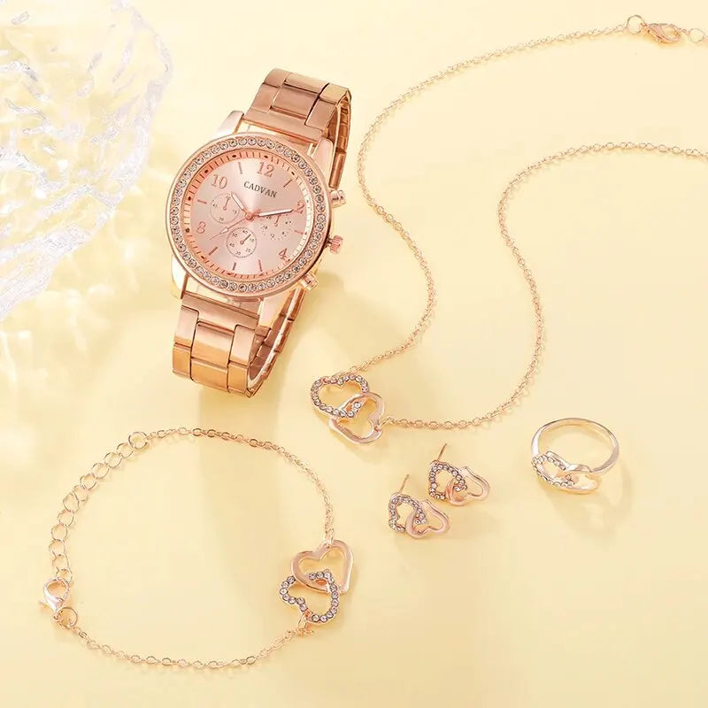 6PCS Rose Gold Women's Watch & Jewelry Set