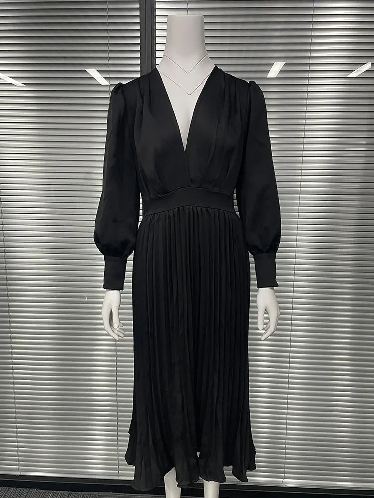 Black V-Neck Ankle-Length Dress with Long Sleeves