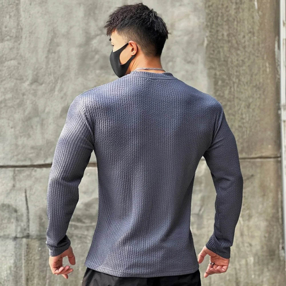 Autumn Winter Casual T-shirt Men Long Sleeves Solid Shirt Gym Fitness Bodybuilding Tees Tops Male Fashion Slim Stripes Clothing