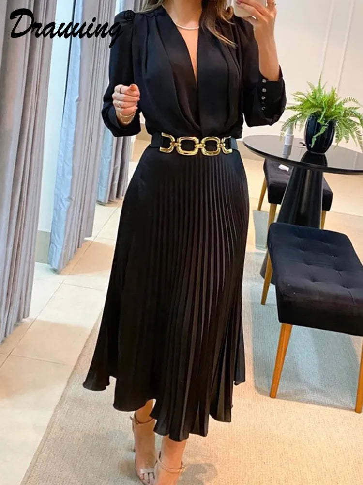 Black V-Neck Ankle-Length Dress with Long Sleeves