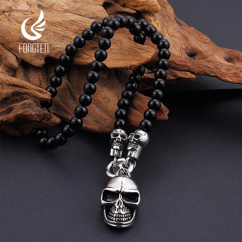 Fongten Glass Rosary Bead Skull Pendant Necklace for Men